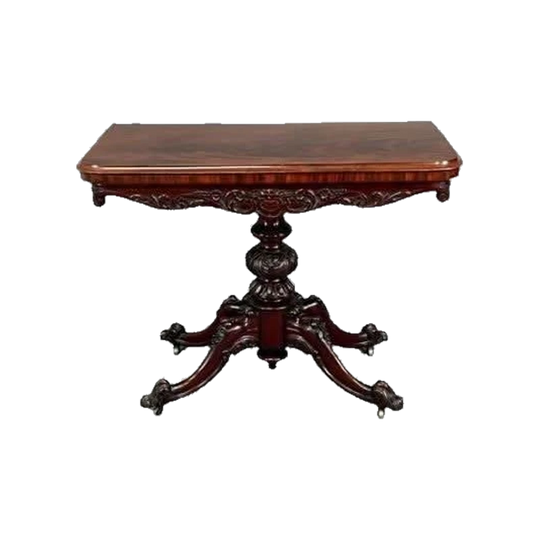 Pair of English Late William IV / Early Victorian Carved Honduran Mahogany Card Tables with Swivel Fold-Over Tops