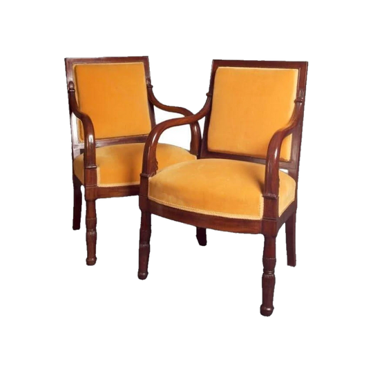 Pair of Antique French Empire Fauteuils, circa 1810, Cuban Mahogany with Egyptianesque Carving