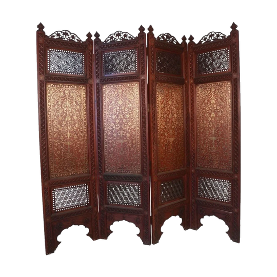 Antique Anglo-Indian Four-Panel Padouk Folding Screen with Brass Inlay and Pinjara Carving