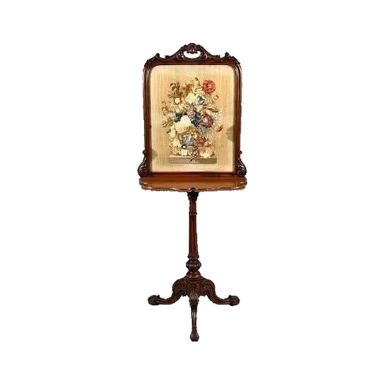 Antique English Victorian Walnut Combination Pole Screen and Side Table with Embroidered Floral Tapestry