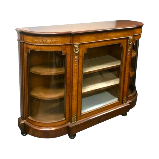 Antique English Victorian Amboyna and Walnut Credenza / Side Cabinet with Curved Glazed Ends