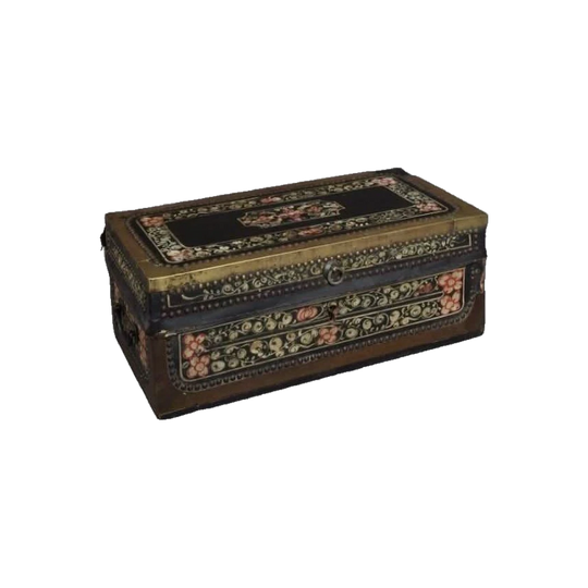 Chinese 19th-Century Hand-Painted Leather and Brass Export Ware Box, Georgian Period