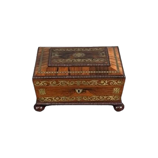 Antique English Georgian Regency Rosewood Jewellery/Trinket Box, Brass-Inlaid, Sarcophagus Form, 1811–1820