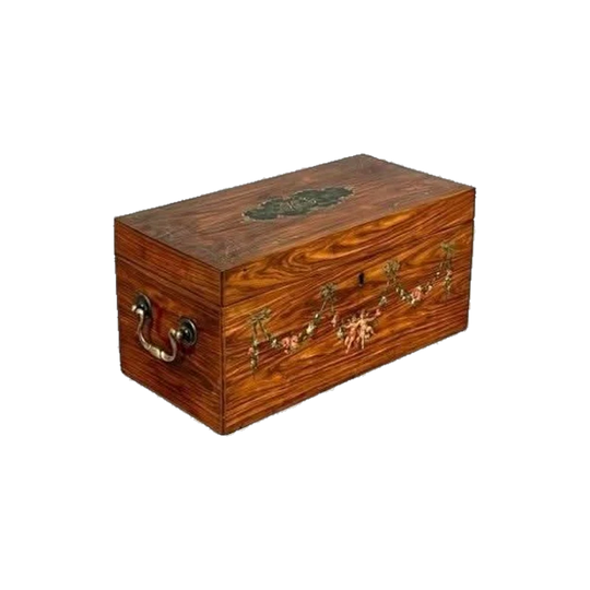 Antique English Later Victorian Revival Satinwood Stationery Box, Georgian Form, Hand-Painted in the Angelica Kauffman Manner