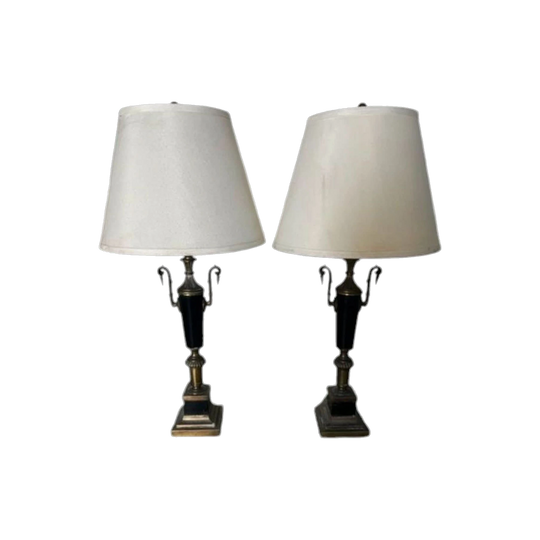 Pair of 1930s Art Deco Brass/Bronze Urn Table Lamps with Black Painted Accents