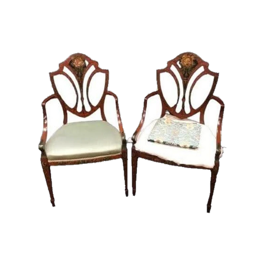Pair of Antique English Edwardian Sheraton-Style Satinwood Shield-Back Armchairs, Hand-Painted, c.1900