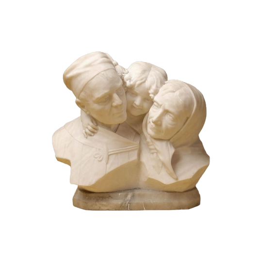 Antique Italian Alabaster Sculpture Group, ‘Child with Grandparents’ by A. Del, Perugia, c.1890s, Marble Base