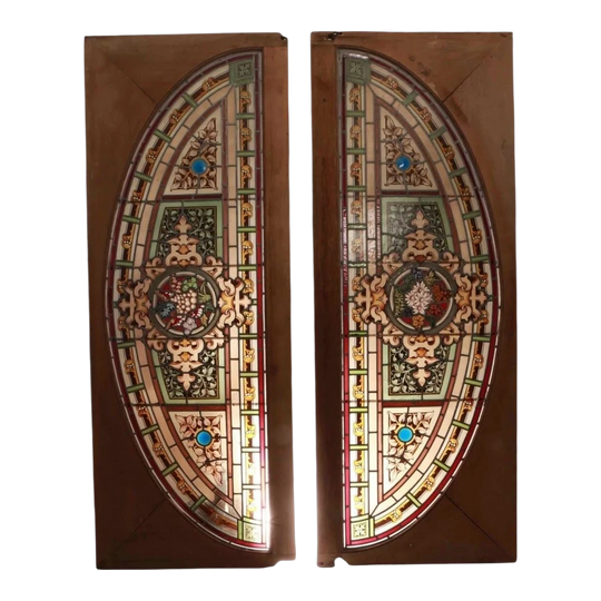 Pair of Antique English Victorian Arched Stained Glass and Leadlight Fanlights in Original Timber Frames
