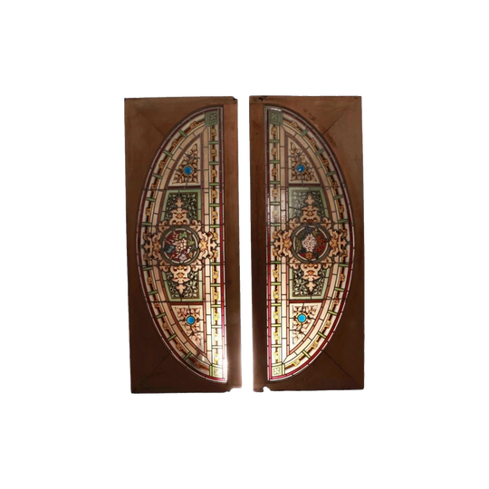 Pair of Antique English Victorian Arched Stained Glass and Leadlight Fanlights in Original Timber Frames