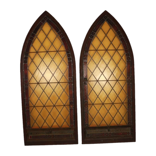 Antique English Victorian Pair of Stained Glass Leadlight Church Windows, Gothic Arch, Ruby and Blue Border, Latin-Inscribed Fanlight