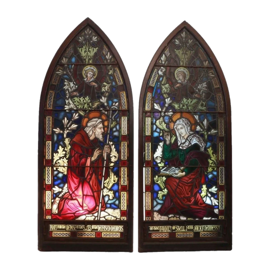 Antique Australian/English Victorian Pair of Gothic-Arch Stained Glass Leadlight Church Windows, Joseph and Mary, 19th Century, Original Timber Frames