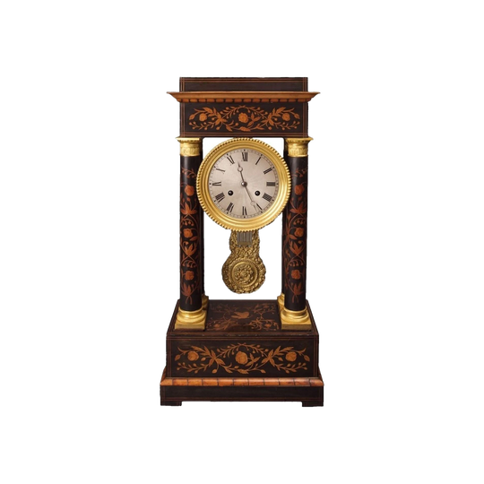 Antique French 19th-Century Portico Mantel Clock in Rosewood with Fruitwood Inlays, CF Petit à Paris
