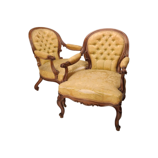 Antique English Victorian Walnut Salon Armchairs (Fauteuils), c. 1850s