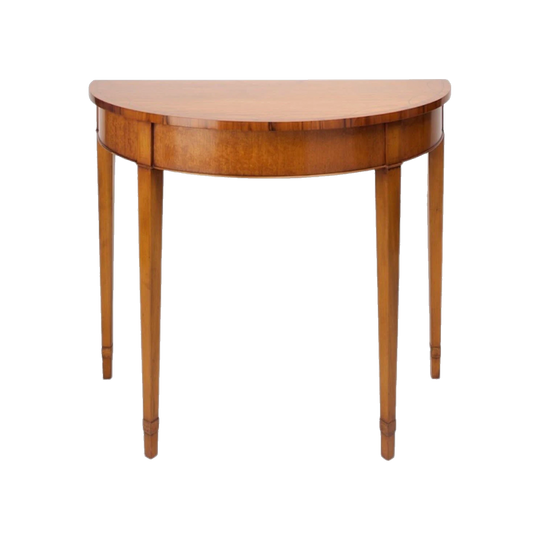 Pair of George III–Style Demi-Lune Console Tables – Limited-Production UK Reproduction in Satinwood with Ebony Line and Fruitwood Sunburst Inlay