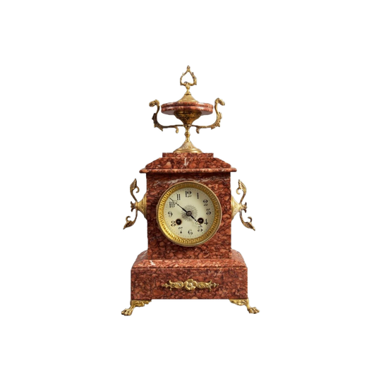 Antique French Red Marble Mantel/Bracket Clock with Cast Brass Mounts, Renaissance Revival, c. 1900