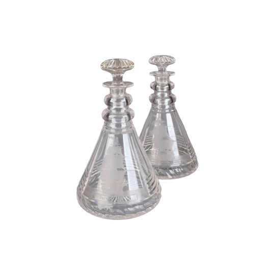 Pair of Antique English George III Etched Crystal Ship Decanters – 'Inward Bound' and 'Outward Bound'