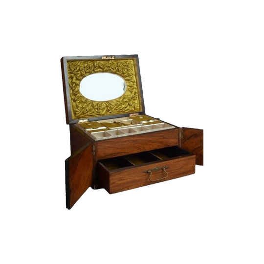 Antique English Victorian Walnut Jewellery Box, 19th Century, Fitted Interior with Lift-Out Tray and Concealed Drawer