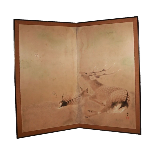 Antique Japanese Byobu Two-Panel Folding Screen, Late Meiji to Showa, Painted Paper with Silk Brocade, Doe and Fawn