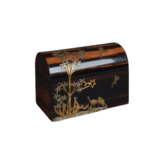 Antique French 19th-Century Coromandel Jewellery Box with Applied Brass and Pewter Decoration and Hinged Vaulted Lid