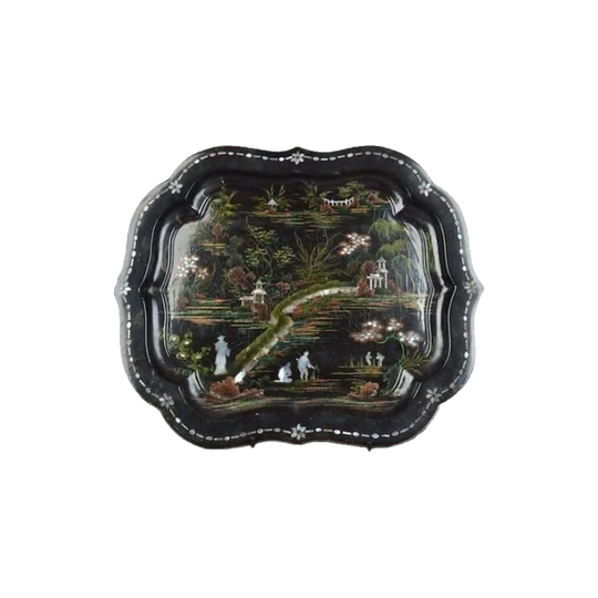 Antique English Victorian Papier-Mâché Chinoiserie Tray with Mother-of-Pearl Inlay, Serpentine Scalloped Form