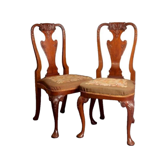 English George I Revival / Queen Anne Style Walnut Dining Chairs, Pair, c. 1920s, Tapestry Seats