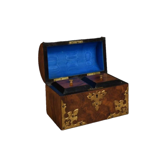 Antique English Victorian Walnut Burl Tea Caddy, Mid 19th Century, Brass-Mounted, Key