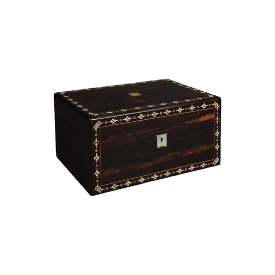 Antique English Victorian Coromandel Box with Fruitwood, Mother-of-Pearl and Ivory/Bone Inlays