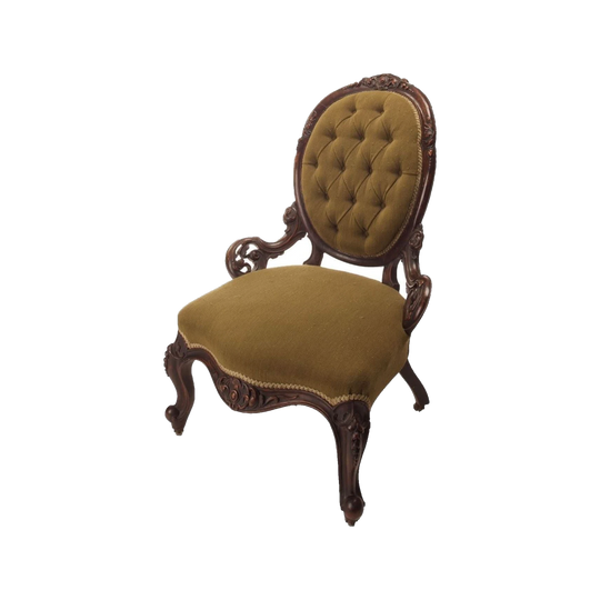 Antique English Victorian Carved Walnut Show-Framed Ladies’ Easy Chair (Grandmother Chair), French Louis IV Influence