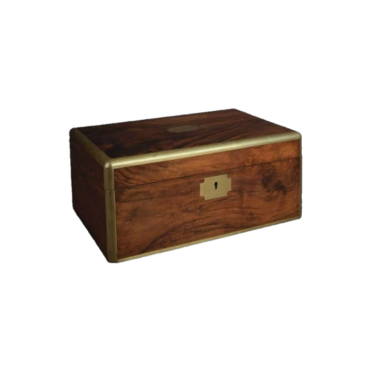 Antique English Victorian Walnut Brass-Bound Box with Fitted Interior