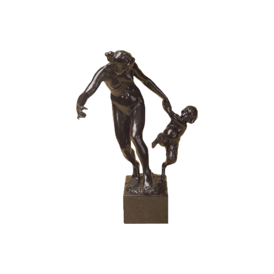 Antique German Patinated Bronze Figural Group “Nymph and Satyr” by August Schrietmüller, c. 1900, Signed, on Marble Base