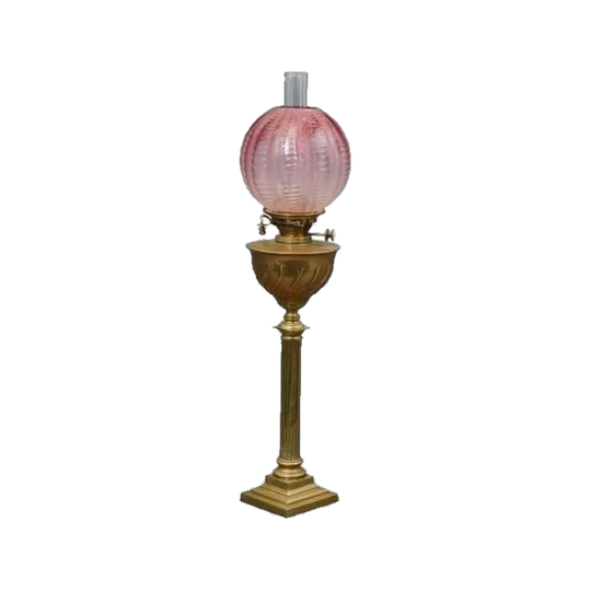 Late Victorian Brass Banquet Lamp with Original Ruby Shade, c. 1890