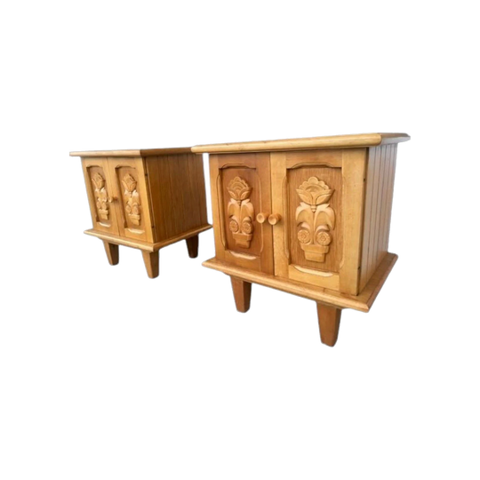 Pair of Alpine Bavarian Oak Nightstands / Side Cabinets with Carved Motifs, c. 1950s