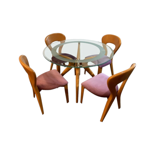 1980s Italian Sculptural Dining Suite, Round Glass-Top Table with Four Chairs