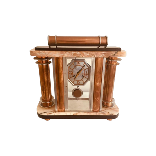 French Art Deco F. Martin Mantel Clock, Butterscotch and Black Marble with Nickel Chrome and Copper, 1930s