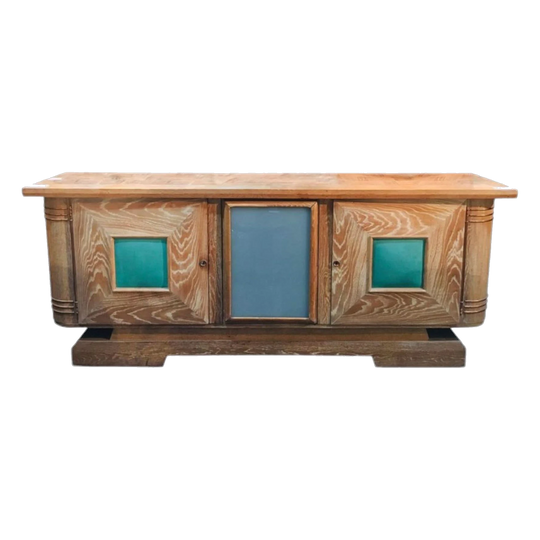 Art Deco Jean-Charles Moreux Cerused Oak Sideboard with Copper Detailing, France, c. 1940s