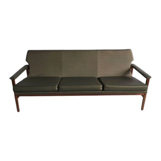 TH Brown 1960s Mid-Century Three-Piece Lounge Suite in Original Vinyl – Three-Seater, His-and-Hers Armchairs