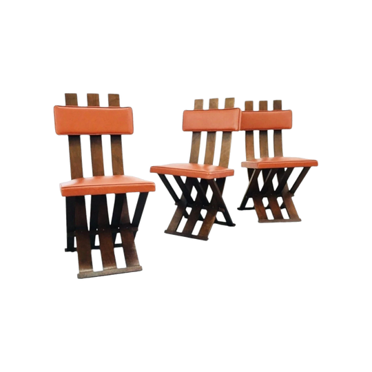 Set of Four Modernist X-base Dining Chairs, c1960s, in the Manner of Harvey Probber, Original Tan Upholstery