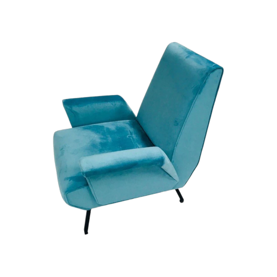 Pair of Italian Mid-Century Aquamarine Velvet Armchairs, 1950s – Restored