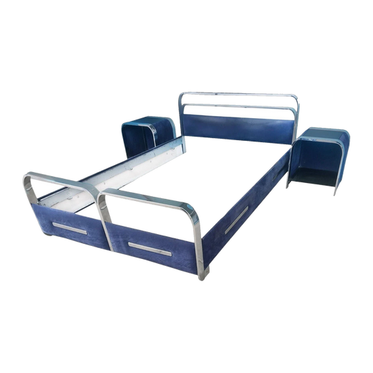 Italian 1970s Chrome and Suede Velvet Double Bed Frame with Matching Bedside Tables