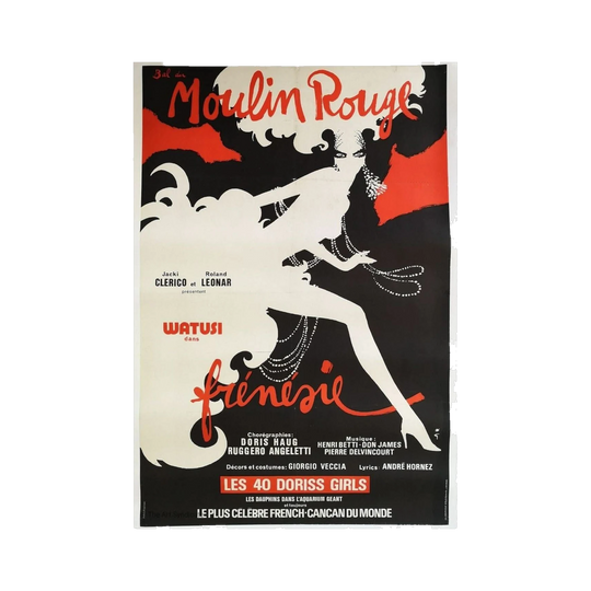 Moulin Rouge Original Vintage Poster by René Gruau — Bal du Frénésie, Les 40 Doris Girls, France, c. 1970s