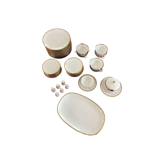 Hutschenreuther Bone China Dinner Service for Ten, White with Encrusted Textured Real Gold Band, c. 1980s, 64 Pieces