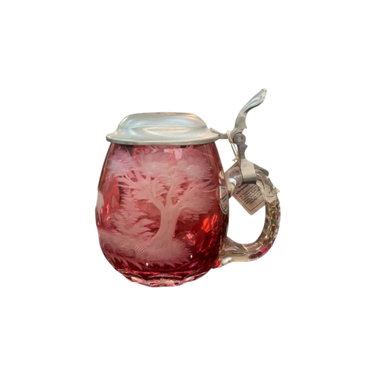 German Etched Flashed Ruby Lidded Mug with Pewter Lid, c.1950