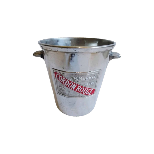 Mumm Cordon Rouge French Champagne Bucket – Art Deco Style, Nickel-Plated with Embossed Enamel Plaque