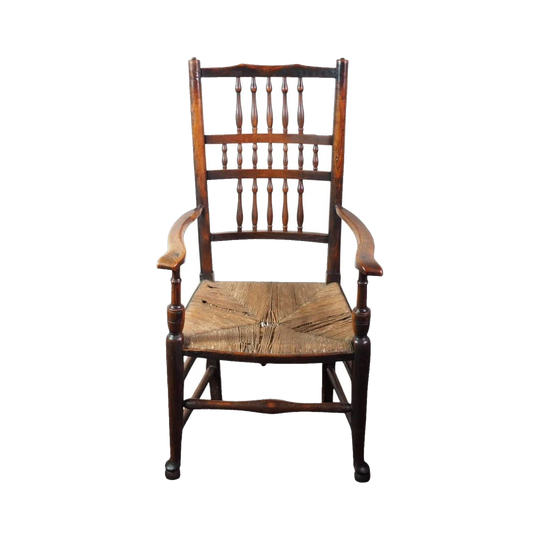 Spindleback armchair with rush seat, circa 1800