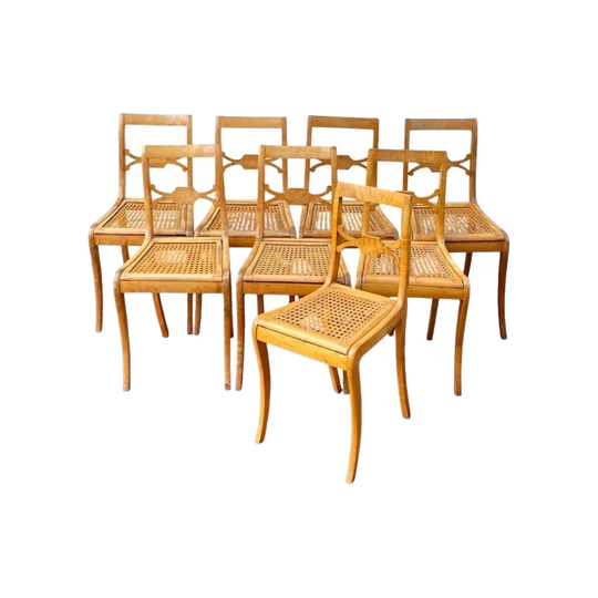 Set of 8 Satinwood Beidemier Klismos chairs, sabre legs & cane seats, c. 1830