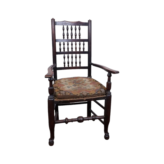 English elm spindle back armchair, rush seat, circa 1800