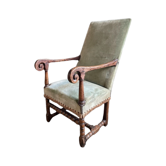 Large French Fauteuil, scroll arms, Louis XIV, Circa 1700