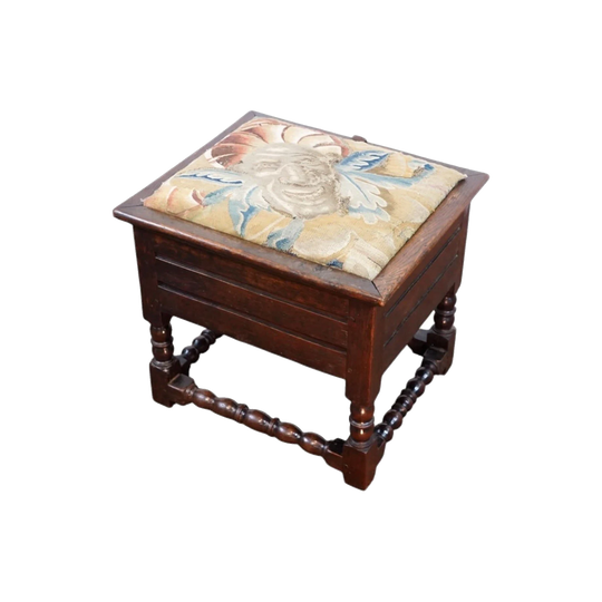 English Oak ‘close’ stool with Aubusson face top, c.1680