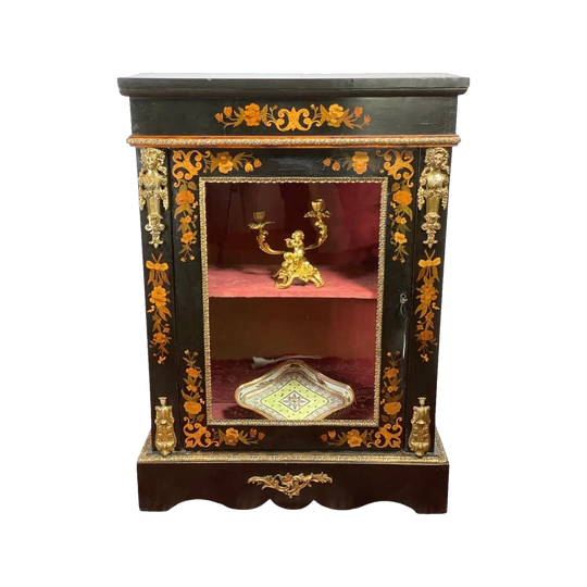 French ebonised pier cabinet with floral inlay and ormolu mounts, circa 1885