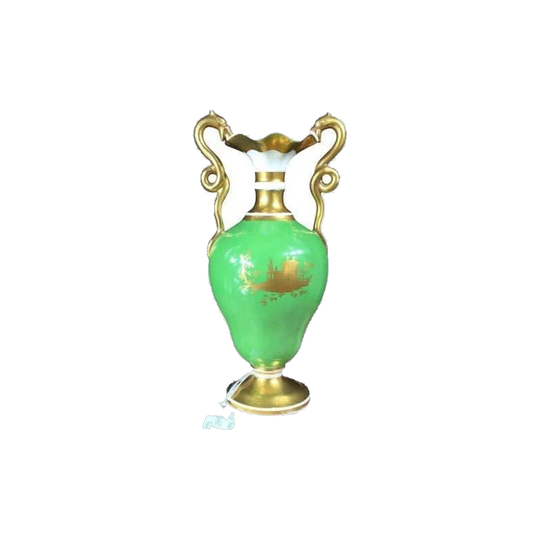 Green pear shaped vase, snake handles & landscapes, Daniel, c.1830